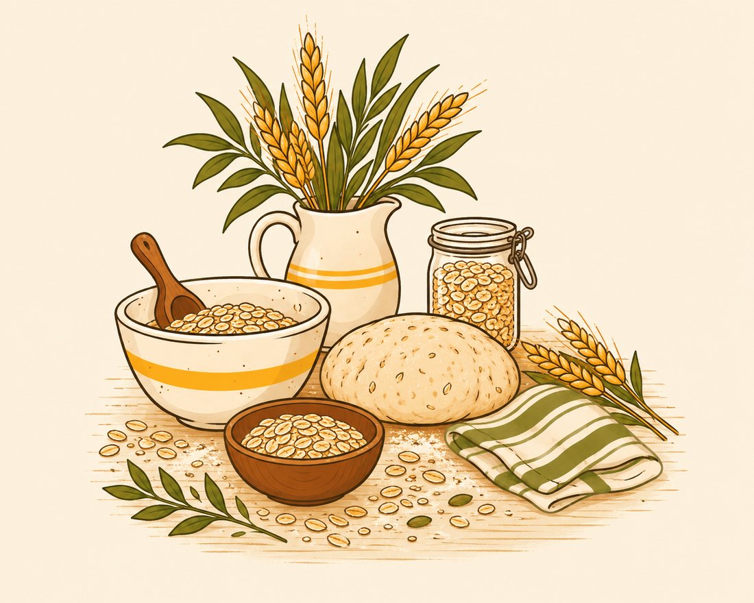 Hands kneading cracker dough on a floured wooden counter, with bowls of oats and a tray of freshly baked crackers nearby